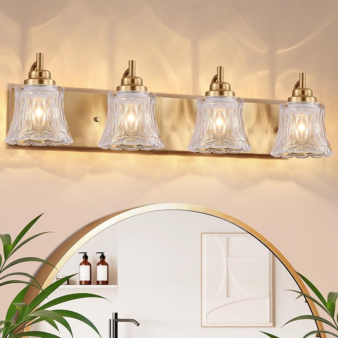 LmnLvn Brushed Gold Bathroom Light Fixtures, 4-Light Crystal Glass Shade | Mounted Over Mirror, Antique Brass Accents, Vintage Vanity Light for Bedroom & Living Room, Easy To Install