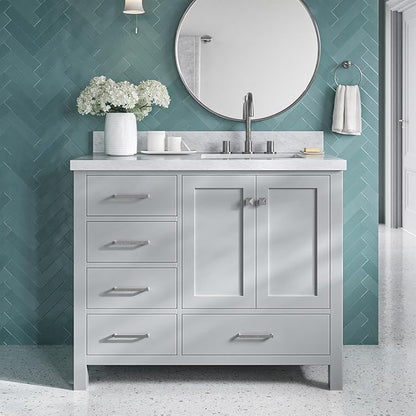ARIEL Cambridge 42-inch Bathroom Vanity with Sink,Solid Wood, 1.5-inch Italian Carrara Marble Countertop, Single Rectangular Porcelain Sink, 2 Soft Closing Doors, 5 Dovetail Drawers, Grey