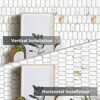 Vamos Tile Long Hexagon Peel and Stick Backsplash Tile - 10 Sheets Stick on Backsplash for Kitchen and Bathroom 12.4 x 12 Inch Calacatta Gold PVC Self Adhesive Mosaic Wall Tiles