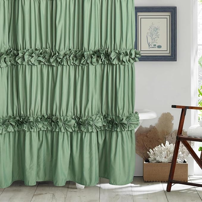 Homechoice Decor Light Green Ruffle Shower Curtain 72“ W x 84” H | Vintage Handcrafted Bow Tie Bath Curtain for Master Bathroom, Ruched Microfiber Bathroom Curtain with 12 Buttonholes (LQ-10)