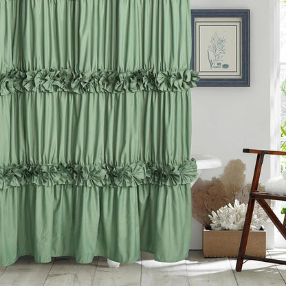 Homechoice Decor Light Green Ruffle Shower Curtain 72“ W x 84” H | Vintage Handcrafted Bow Tie Bath Curtain for Master Bathroom, Ruched Microfiber Bathroom Curtain with 12 Buttonholes (LQ-10)