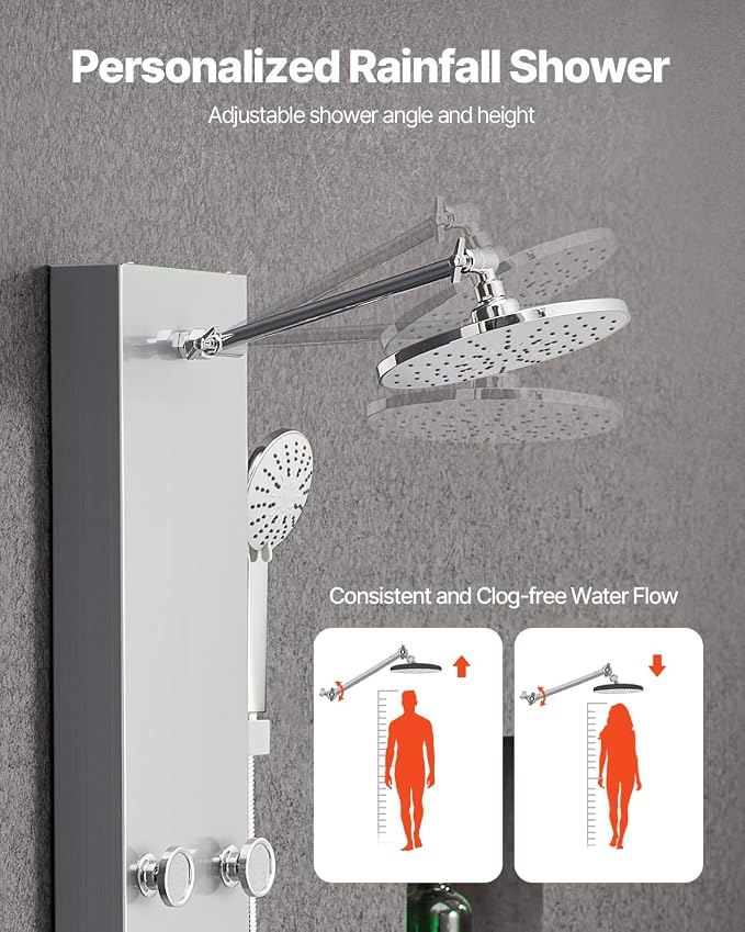 VEVOR Shower Panel Tower System with Rainfall Shower Head, 49 in Brushed Stainless Steel Shower Column, 3-Function Faucet, High Pressure Wall-Mount Rain Massage System with 6 Body Jets and Handheld