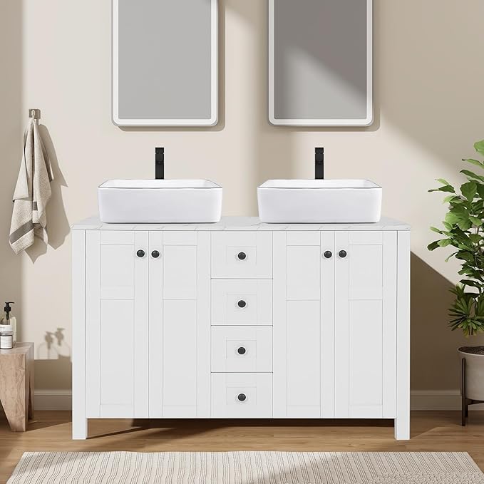 48 inch White Bathroom Vanity with Marble Texture Top and 4 Drawers, Modern Standing Pedestal Cabinet with Two White Ceramic Vessel Sinks