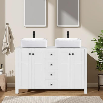 48 inch White Bathroom Vanity with Marble Texture Top and 4 Drawers, Modern Standing Pedestal Cabinet with Two White Ceramic Vessel Sinks