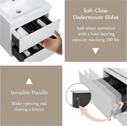 Floating Bathroom Vanity with Sink, 30" Wall-Mounted Bathroom Vanity | Resin Top Basin and Soft Close Drawers, No Assembly Required, Glossy White