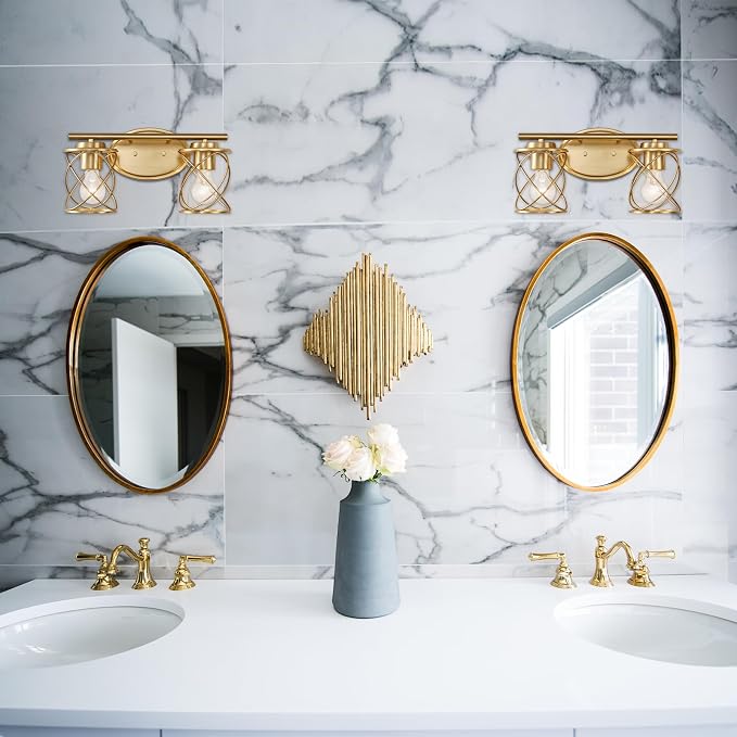 Modern Vanity Lights with Cage Shade, 2 Lights Over Mirror, Brushed Gold Vanity Light for Bathroom, Kitchen, Bedroom