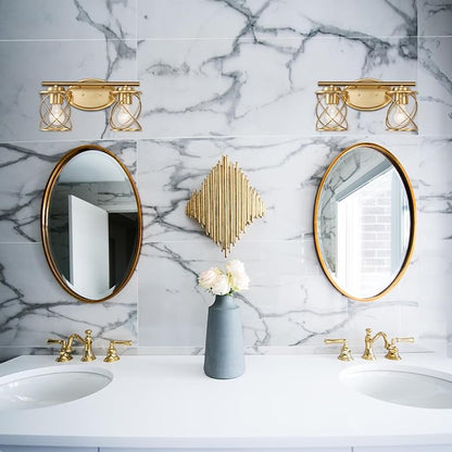 Modern Vanity Lights with Cage Shade, 2 Lights Over Mirror, Brushed Gold Vanity Light for Bathroom, Kitchen, Bedroom