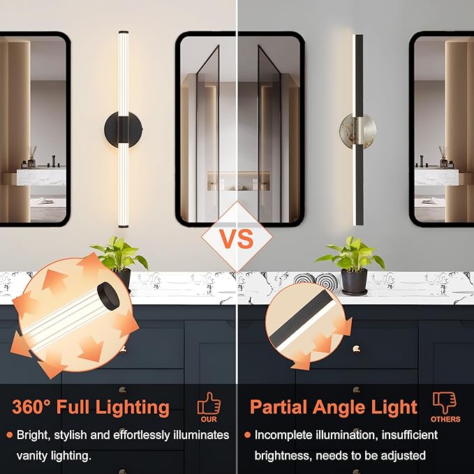 Wall Sconces Set of 2 Hardwired LED Vanity Light Black 23" | Dimmable 5CCT LED Bathroom Light Fixtures, 360° Full Lighting, Modern Vanity Light Bar for Bathroom Mirror
