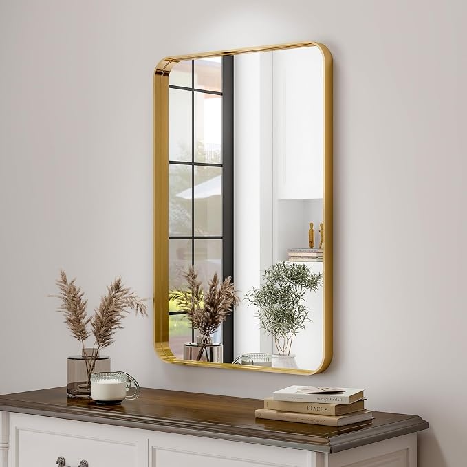 Easly 30 x 22 Inch Gold Bathroom Mirror for Wall,Aluminum Alloy Frame Rectangular Wall Mounted Mirror for Farmhouse Decor Horizontal or Vertical Ideal for Bedroom, Living Room