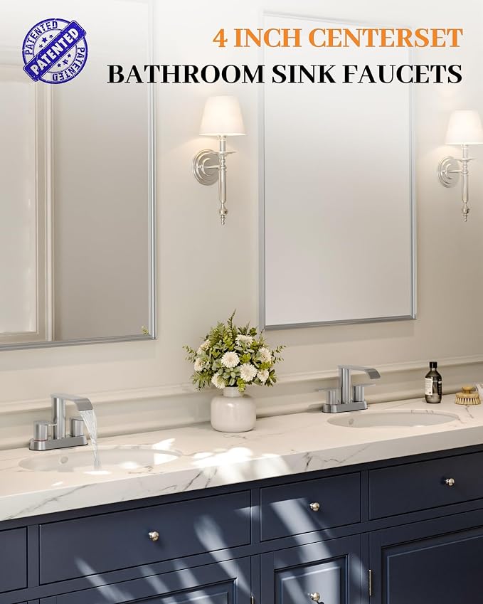 Waterfall Bathroom Sink Faucet Brushed Nickel 4 Inch Centerset Two Handle | Stainless Steel Modern Bathroom Faucets with Pop up Drain Supply Hose for Vanity RV 2 or 3 Hole Sink by Homevacious