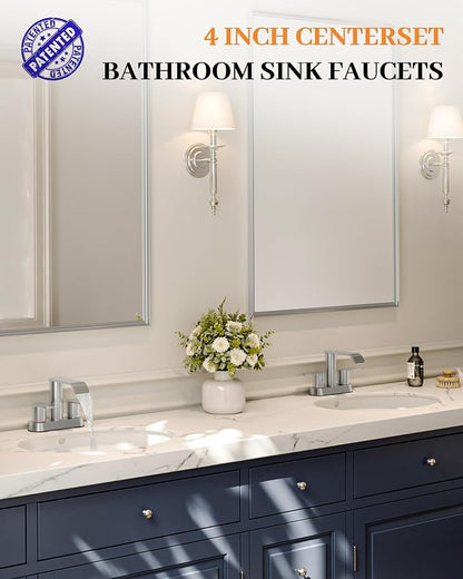 Waterfall Bathroom Sink Faucet Brushed Nickel 4 Inch Centerset Two Handle | Stainless Steel Modern Bathroom Faucets with Pop up Drain Supply Hose for Vanity RV 2 or 3 Hole Sink by Homevacious