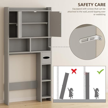 Shintenchi Over the Toilet Storage Cabinet, Bathroom Storage Cabient with Barn Doors, Bathroom Storage Shelf Organizer with Toilet Paper Holder, Adjustable Shelf and Anti-Tip Device, Gray
