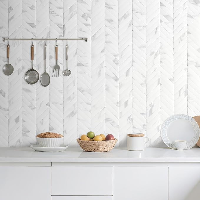 DICOFUN 10-Sheet White Marble Peel and Stick Backsplash, Faxu Stone PVC Stick on Backsplash Wall Tiles for Kitchen and Bathroom