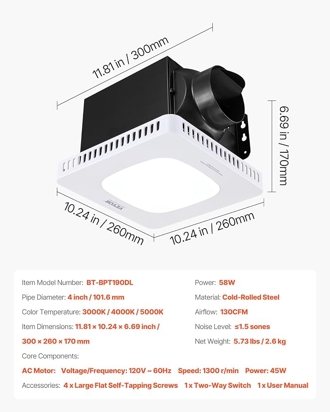 VEVOR Bathroom Exhaust Fan with LED Light, 130 CFM Bathroom Vent Three Gear Color Temp, 1.5 Sones Low-Noise, Premium AC Motor Ceiling Fan for Laundry Room, Storage Room, Home Ventilation, White