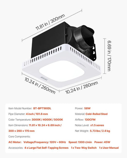 VEVOR Bathroom Exhaust Fan with LED Light, 130 CFM Bathroom Vent Three Gear Color Temp, 1.5 Sones Low-Noise, Premium AC Motor Ceiling Fan for Laundry Room, Storage Room, Home Ventilation, White