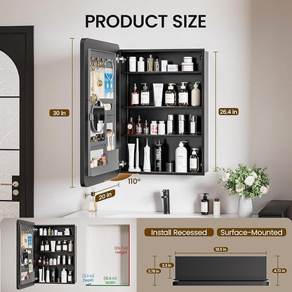 Medicine Cabinet with Mirror, 20x30 Inch Aluminum Bathroom Cabinet with Adjustable Shelves, Built-in Makeup Storage, Recessed or Surface Mount, Soft Close Hinges, Matte Black