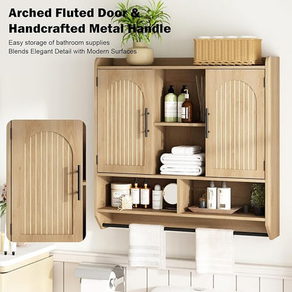 RUSTOWN Fluted Bathroom Wall Cabinet, Mid-Century Modern Medicine Cabinet with Adjustable Shelves & Towel Bar,3-Tier Wall Mounted Cabinets, Over The Toilet Storage Cabinets for Bathroom, Natural Oak