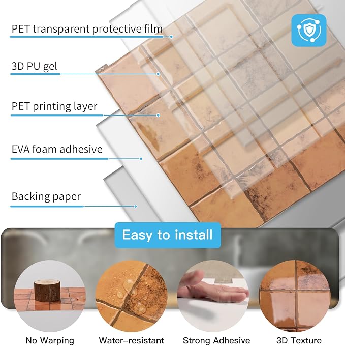 Art3d 10-Pack Heavy-Duty Peel and Stick Backsplash, 12x12 Inch Self-Adhesive Wall Tile Stick on Kitchen Countertop, Terracotta