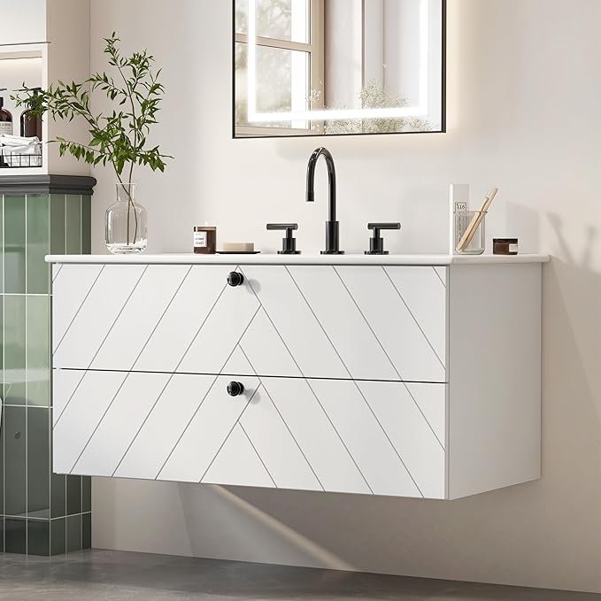 36 inch Bathroom Vanity with Sink, Floating Cabinet with Ceramic Sink, 2 Fluted Drawers Large Storage, Soft-Close Design, Modern (No Faucet)