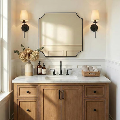 30"x30" Square Bathroom Mirror, Matte Black Vanity Mirror, Modern Scalloped Bathroom Mirror in Premium Stainless Steel Frame, Unique Scalloped Corner Design Ideal for Bathroom Remodel