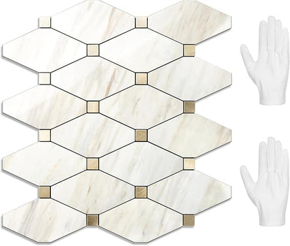 STICKGOO 10 Sheets Peel and Stick Backsplash, Polished Eurasia Beige | Glossy Marble Look Kitchen Backsplash, Waterproof, Stick on Tile for Bathroom, Fireplace, RV