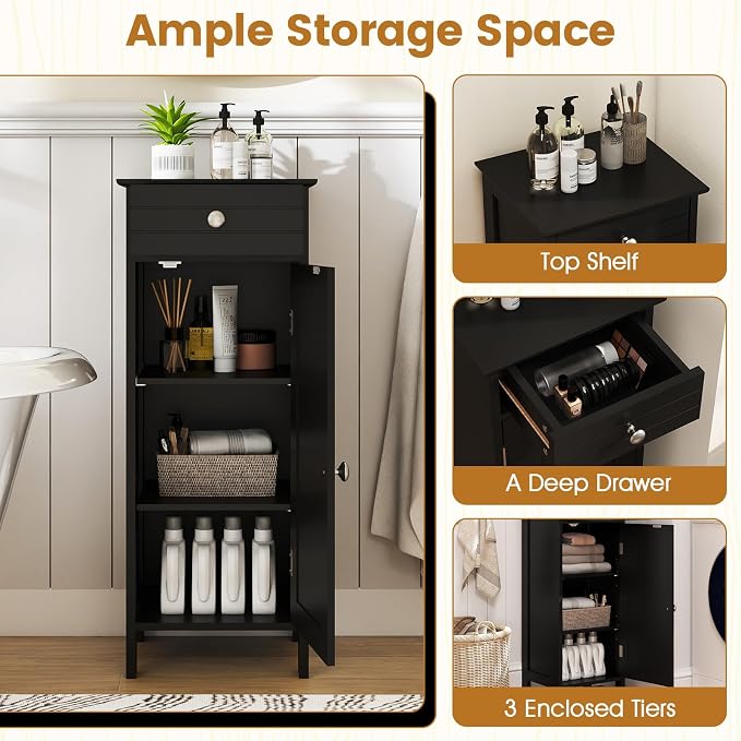 GIANTEX 34.5" Bathroom Cabinet with Drawer & Single Door (Black) | Narrow Side Storage Organizer with 6 Shelf Positions, Freestanding Floor Storage Cabinet for Bathroom, Living Room, Entryway