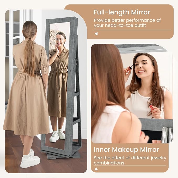 GOFLAME 360° Rotating Jewelry Armoire, Lockable Jewelry Cabinet with Full-Length Mirror & Inner Makeup Mirror, Standing Jewelry Storage Organizer with Rear Storage Shelves, Stone Gray