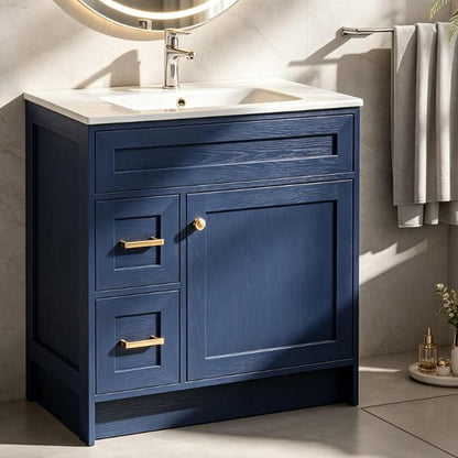 Blue Bathroom Vanity with Sink 30inch | 1doors and 2 Drawers | Wood Storage Basin Cabinet with Ceramic Basin for Home and Office