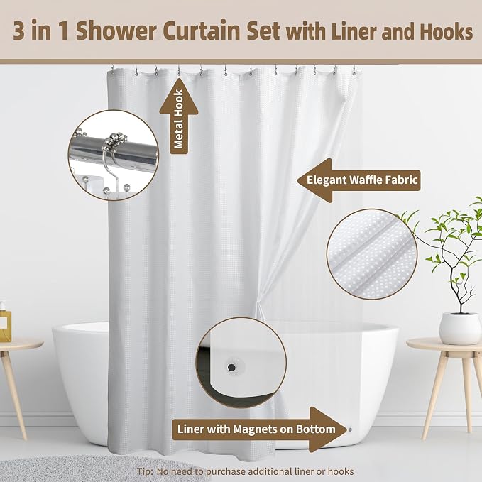 Siiluminisoy Shower Curtain and Liner Set, Waffle Shower Curtain Set with 12 Stainless Steel Hooks, Waterproof Luxury Fabric Shower Curtains for Bathroom and Hotel, White, 72" W x 84" H