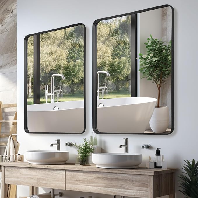 Anpark Wall Mirror 30" x 40" for Bathroom Black Metal Deep Frame Mirror for Wall Decorative Rectangular Round Corner Wall Mounted Vanity Mirror for Bedroom Living Room Entryway Wall Decor
