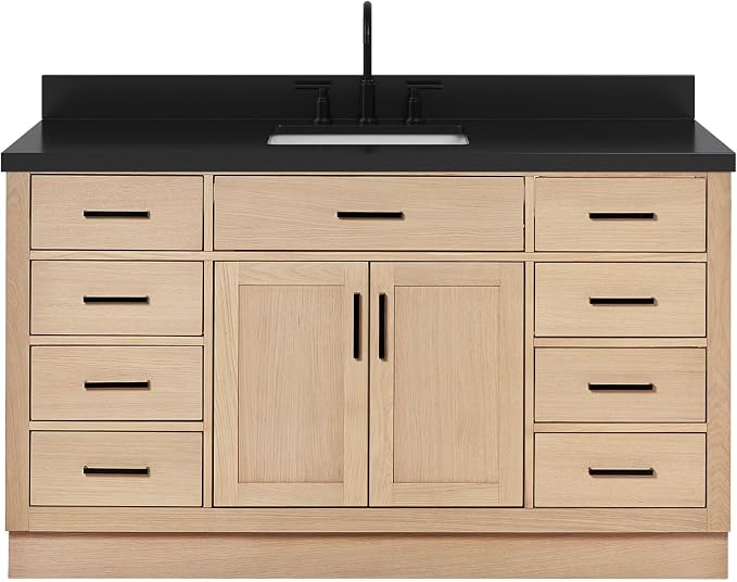 ARIEL Hepburn 60-inch Bathroom Vanity with Sink,Solid Wood, 1.5-inch Carbon Black Quartz Countertop, Single Rectangular Porcelain Sink, Soft Closing Doors, Dovetail Drawers, Oak