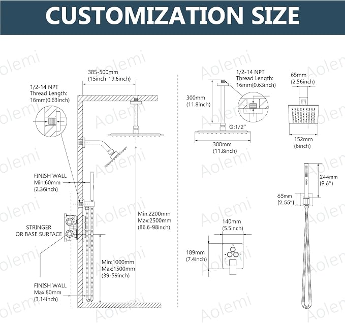 Aolemi Ceiling Shower Faucet Set System Dual Head 12&6 Inch Matte Black | 2 in 1 Handheld Spray,Shower Valve and Trim Kit,Push Button Diverter, 12"Top+6" Wall Rain Head,Bathroom Mixer for Couple