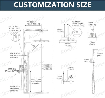 Aolemi Ceiling Shower Faucet Set System Dual Head 12&6 Inch Matte Black | 2 in 1 Handheld Spray,Shower Valve and Trim Kit,Push Button Diverter, 12"Top+6" Wall Rain Head,Bathroom Mixer for Couple