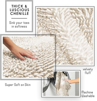 Hearth & Harbor Bathroom Rugs, Chenille Bath Mat - Machine Washable Bath Mats for Bathroom Non-Slip Backing Rubber, Quick Dry Bathroom Mat, 17 x 24 + 20 x 32 - Ombre Beige