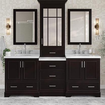 ARIEL Stafford 84-inch Bathroom Vanity with Sink,Solid Wood, 1.5in Italian Carrara Marble Countertop & Backsplash, Double Oval Porcelain Sink, 4 Soft Closing Doors, 5 Dovetail Drawers, Espresso