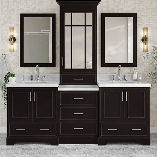 ARIEL Stafford 84-inch Bathroom Vanity with Sink,Solid Wood, 1.5in Italian Carrara Marble Countertop & Backsplash, Double Oval Porcelain Sink, 4 Soft Closing Doors, 5 Dovetail Drawers, Espresso