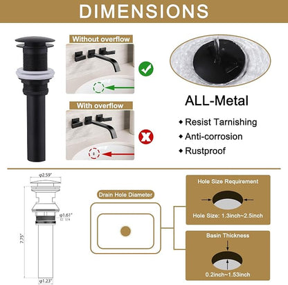 Brass Wall Mount Bathroom Faucet,Wall Mounted Vessel Sink Faucet with Dual Lever Handles,Widespread 3 Holes Wall Faucet for Vanity Lavatory Sink,Pop Up Without Overflow Drain Assembly Included