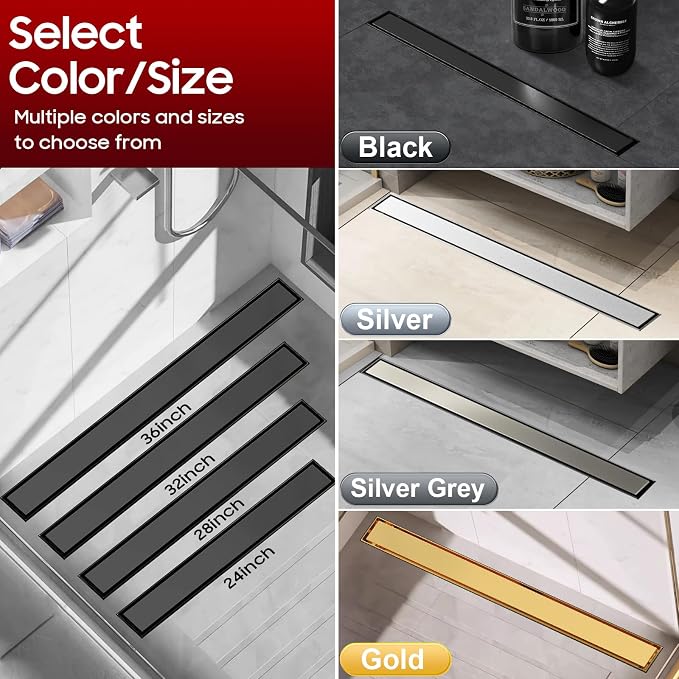DLONE® Linear Shower Drain - 32 Inch Matte Black, with Tile Insert Pane | AISI 304 Stainless Steel Linear Drain, Rectangle Shower Floor Drain, with Adjustable Feet, Fits Bathroom & Balcony etc