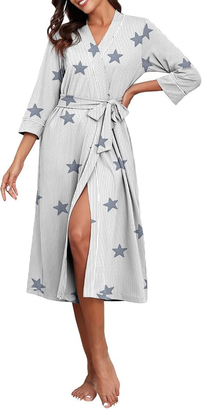 PrinStory Robes for Women 3/4 Sleeve Long Bath Robe XS-4XL | V-Neck Knit Bathrobe with Pockets, Lightweight, Soft, Breathable Robes for Shower, Spa, Travel, Home, Party, Nursing