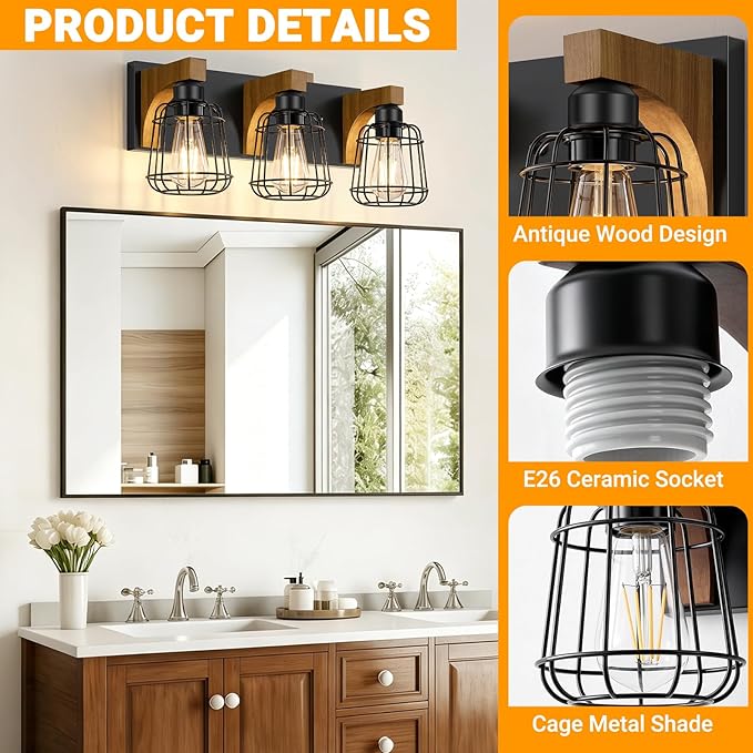 Dpyrrhic 3-Light Bathroom Light Fixtures, Wood Bathroom Wall Lights, Modern Bathroom Vanity Light with Cage Metal Shade, Bathroom Wall Lamp for Mirror Kitchen Bedroom Living Room