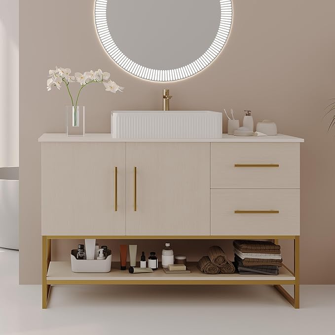 47.2 inch Modern Bathroom Vanity with Ceramic Vessel Sink, Gold Accent Freestanding Bathroom Cabinet with Wood Countertop, Soft Closing Cabinet, 2 Sliding Drawers & Open Storage Shelf, White Oak