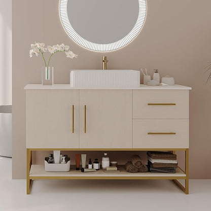 48" Bathroom Vanity with Sink, Modern Free-Standing Bathroom Vanity Cabinet with Ceramic Sink&1 Cabinet&2 Drawers&1 Open Shelf, Single Sink Wood Bathroom Vanities Set,White Oak