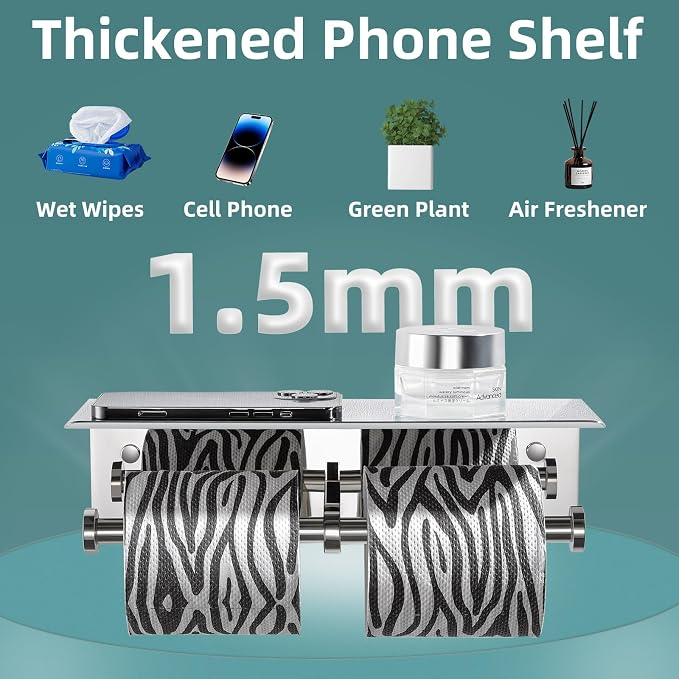 Polished Chrome Double Toilet Paper Holder with Shelf, Wall Mounted | 304 Stainless Steel, Rustproof for Bathroom, Restroom, Powder Room, Kitchen, 2-in-1 Functional Paper Roll & Phone Storage