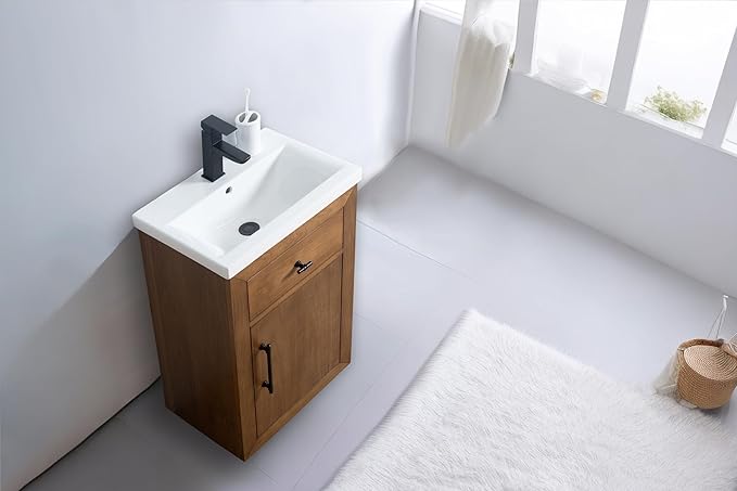 Vanity Art 20 inch Small Bathroom Vanity with Sink, Solid Poplar Wood, Vanity Cabinet with Doors and Removable Shelf, Modern Wood Cabinet with Marble Top, Ceramic Sink, Tan, VA70-20-T
