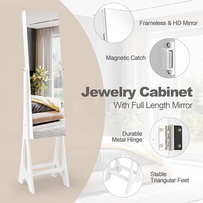 NAFORT Standing Mirror Jewelry Cabinet with 12 LED Lights, Large Storage Mirror Full Length, Jewelry Armoire with 3 Storage Shelves, 3 Angle Adjustments, White