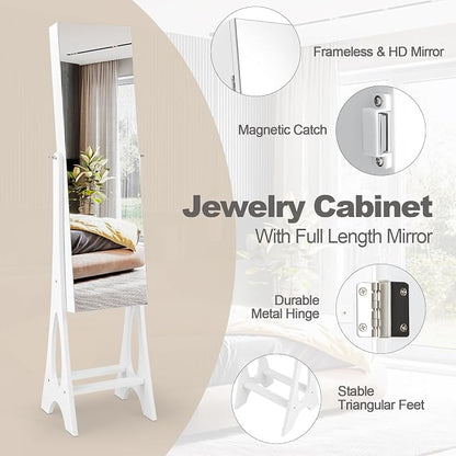 COSTWAY 12 LED Mirror Jewelry Cabinet, Freestanding Jewelry Storage Organizer w/Full Length Mirror, Large Capacity Jewelry Armoire w/Bottom Shelf, Mirror with Jewelry Storage for Women Girls (White)