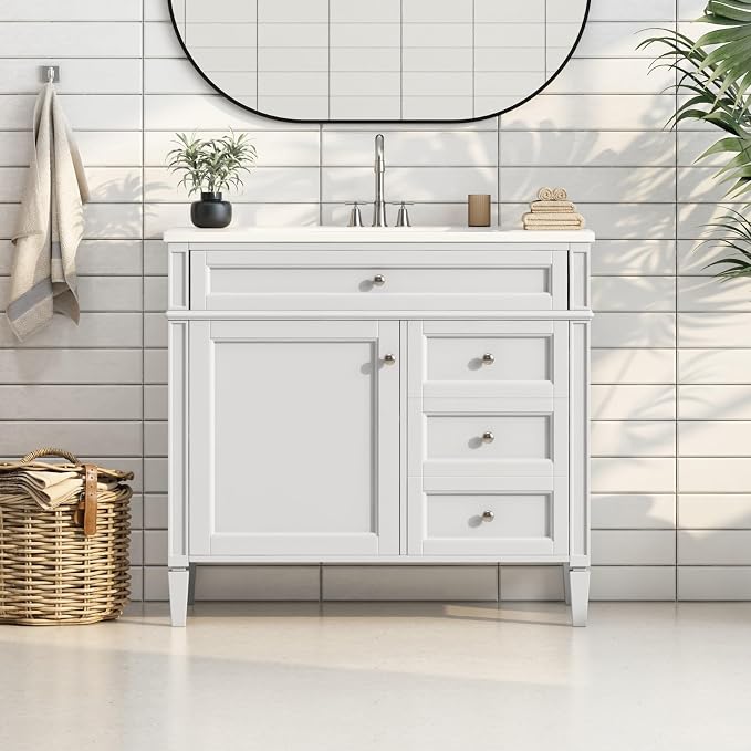 Merax 36'' Bathroom Vanity Without Top Sink, Solid Rubberwood Frame Cabinet | Modern Bathroom Vanity Storage Cabinet with 2 Drawers, Tip-out Drawer, Adjustable Shelf, Soft Closing Doors, White