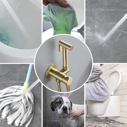 Warm Water Bidet Sprayer for Toilet with Hot and Cold Brass Rough-in Valve, Stainless Steel Round Handheld Bidet Attachment Set for Feminine, Pets and Baby Diaper Wash, Brushed Gold, BDS09-3