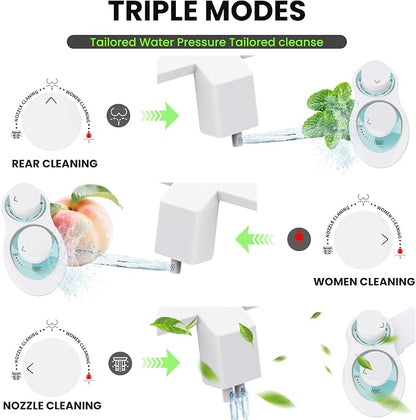RV Bidet for Camper Toilet, Non-Electric Toilet Sprayer Attachment with Dual Nozzles, Adjustable Pressure, Front/Rear/Self Cleaning, Upgrade for Trailer, Motorhome, RV Bathroom (White Knob)