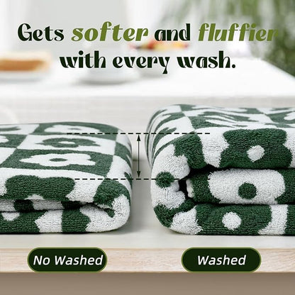 2-Pieces Luxury Bath Towels Checkered Floral, Green Towels for Women Girls | Shower Body 27.5x55 Inches, Cute Bathroom Decor , Cotton